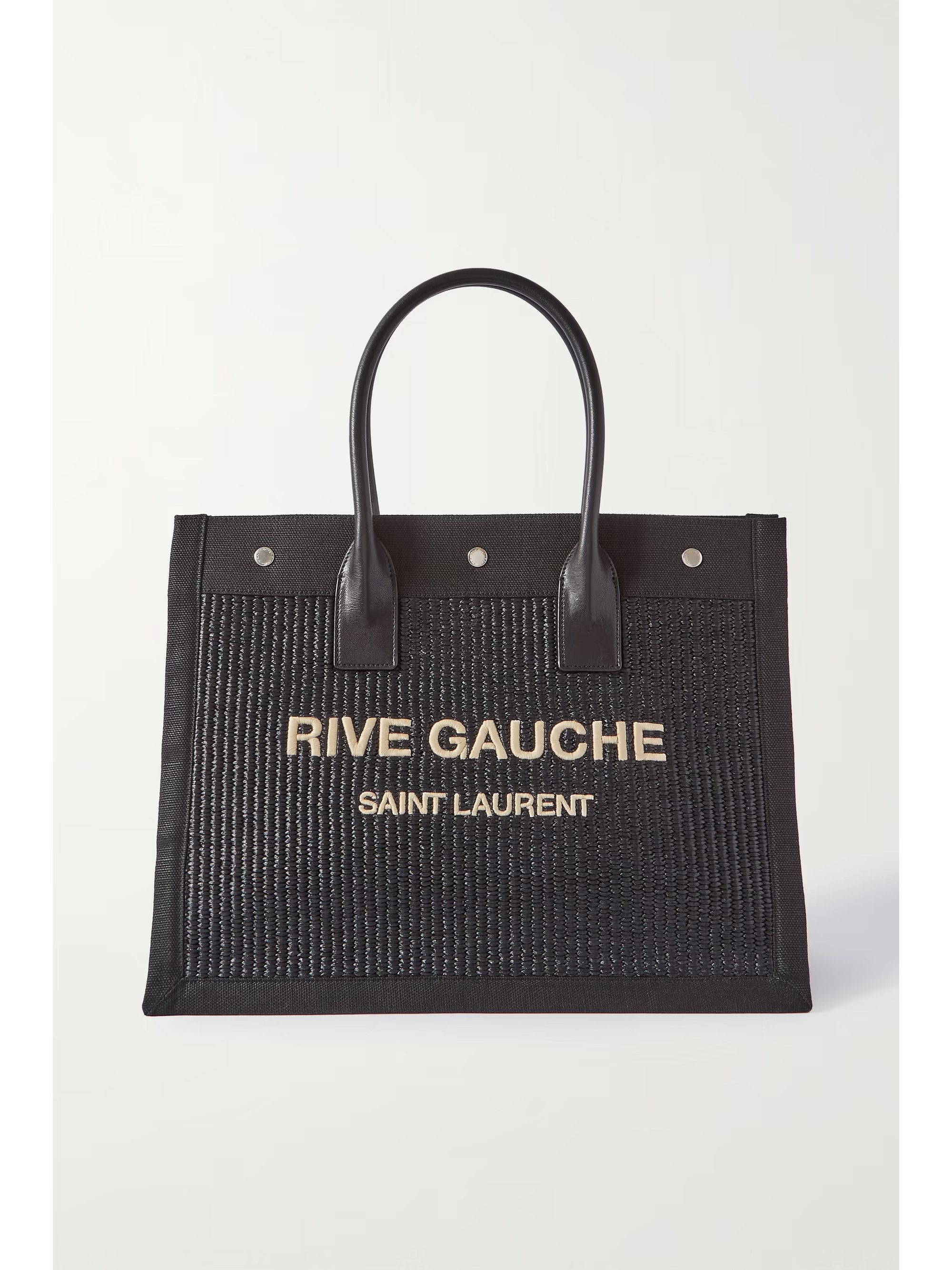 SAINT LAURENTRive Gauche small leather and canvas-trimmed embroidered raffia tote | NET-A-PORTER (UK & EU)