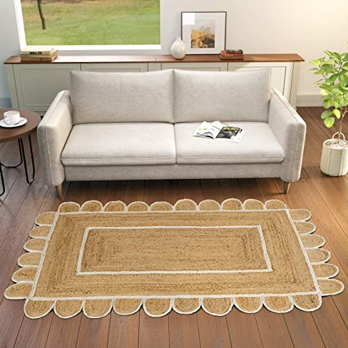 Scalloped Jute Area Rug 2'x3' ft Natural Base Black Trim Rectangular Handwoven Boho Reversible So... | Amazon (US)