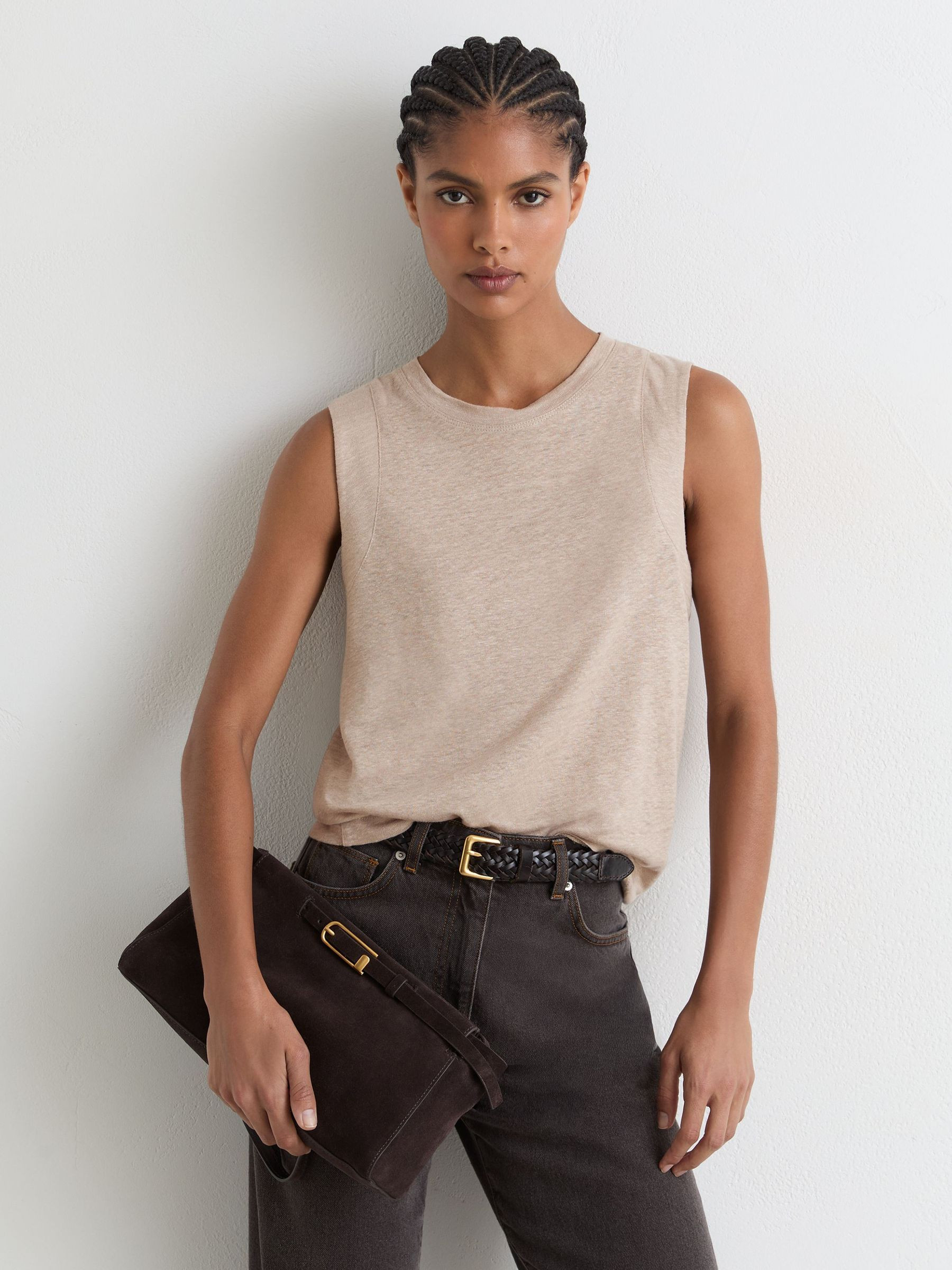 Reiss Linen Jersey Crew-Neck Vest in Stone Neutral | REISS | Reiss US