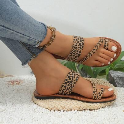 Women's Flat Leopard Sandals, Casual Non-Slip Beach Sandals For Vacation, Party, Gladiator Style, Outdoor Flat Slides | SHEIN