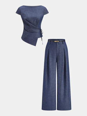 Asymmetrical Wrap Top & Belted Pant Set | Commense