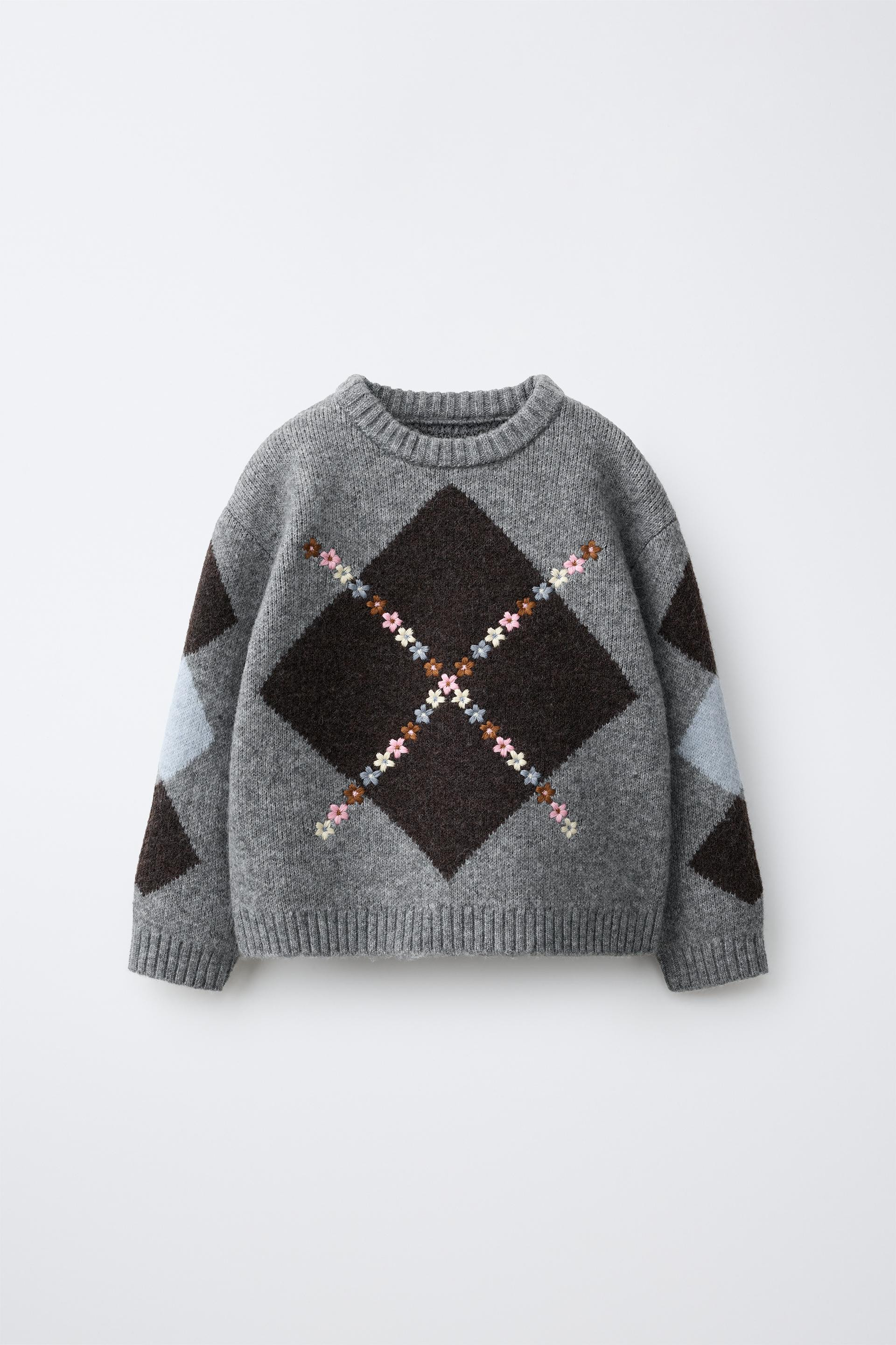 Zara - Embroidered Floral Argyle Knit Jumper - Gray - 4 Years (40,9 Inches) - Kids | Zara US