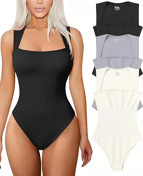 3 Piece Shapewear Bodysuits for Women Tummy Control, Sexy Ribbed V