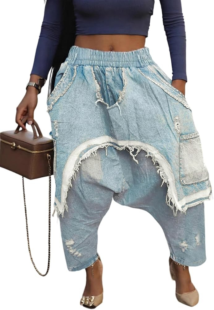 LETSVDO Womens Baggy Harem Jeans Elastic Waist Wide Leg Barrel Cargo Patchwork Ripped Hippie Crop... | Amazon (US)