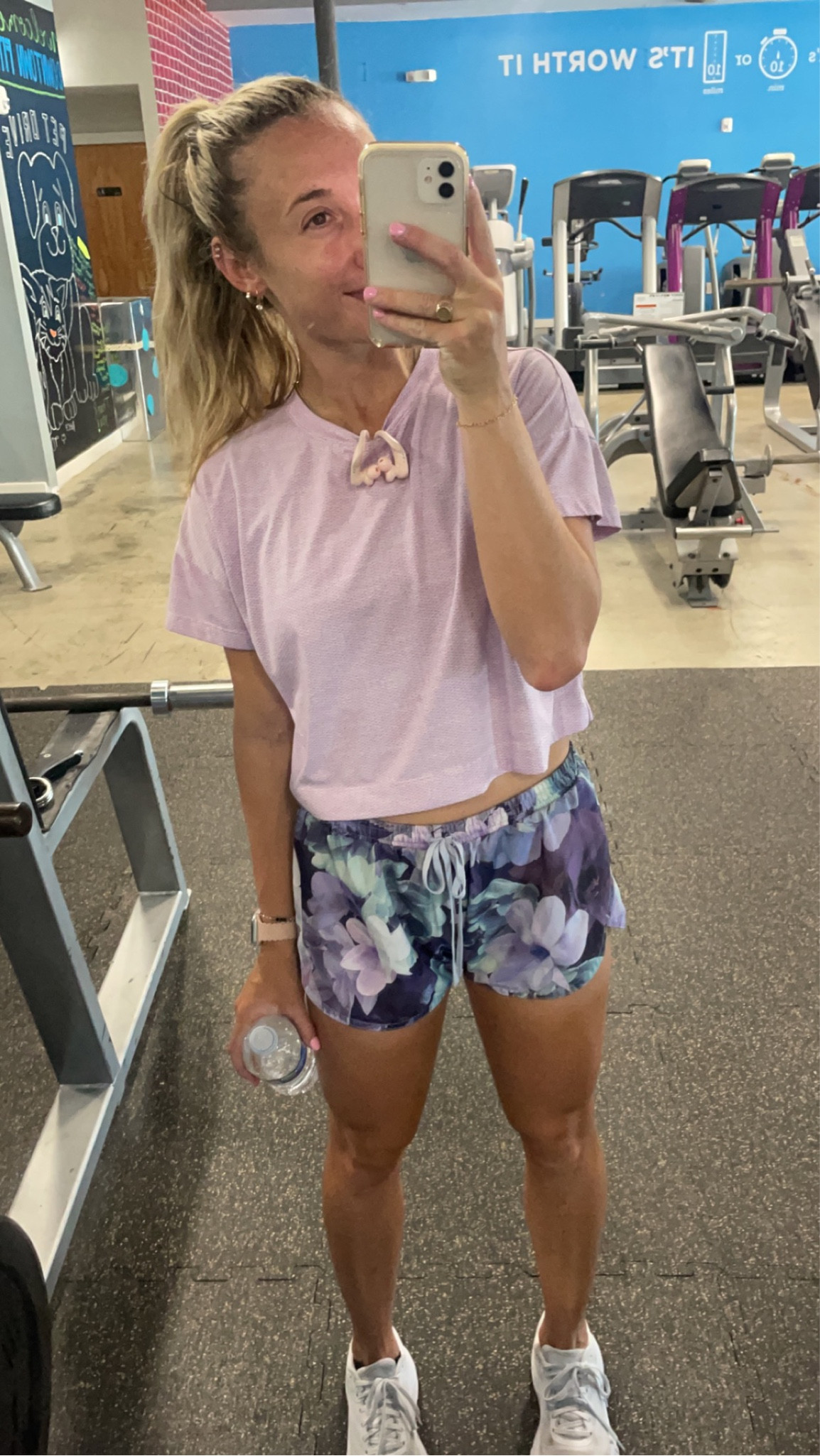 Target athletic crop top: size small
Old navy purple floral athletic shorts: size small 
White hokas

#LTKshoecrush #LTKFitness