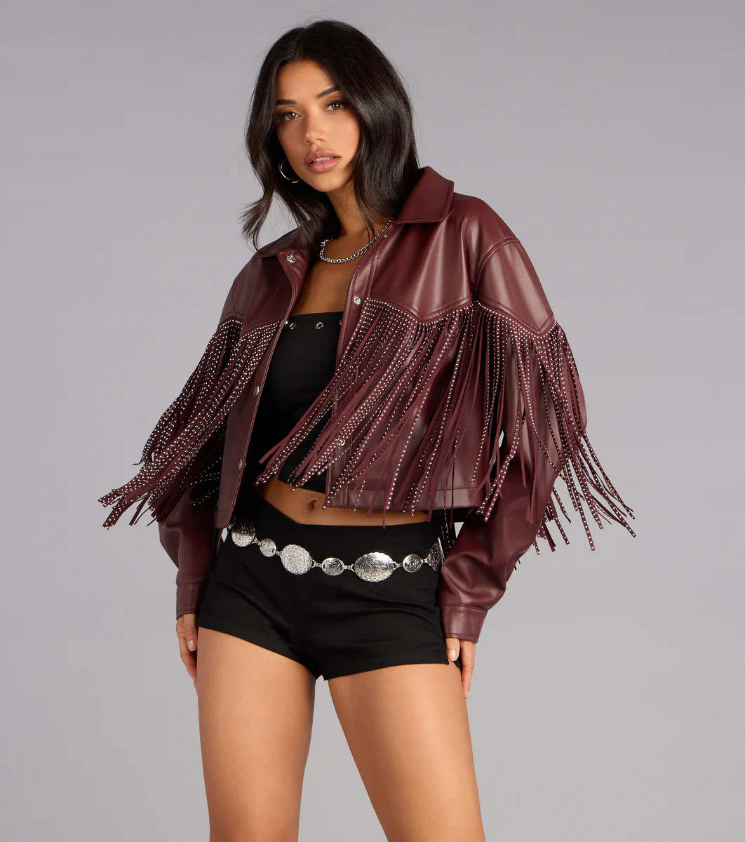 Cause A Scene Stud Fringe Faux Leather Shacket | Windsor Stores