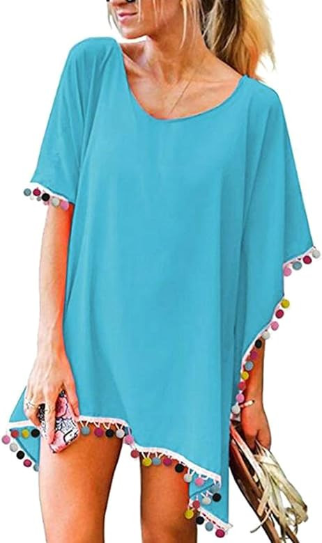 Women Flag Cotton Beach Coverup Shirt Dress for American Independence Day Pompom Cover Up Kaftan | Amazon (US)