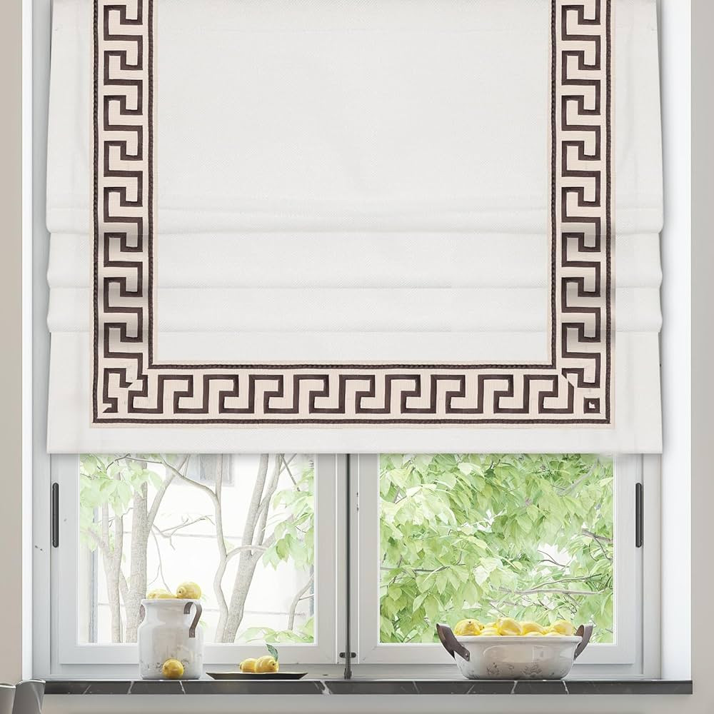 Blackout Roman Shades, Cordless White Roman Shades, White Dark Grey Embroidered Border Cus... | Amazon (US)