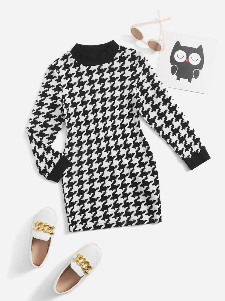 SHEIN Young Girl Houndstooth Mock Neck Dress | SHEIN