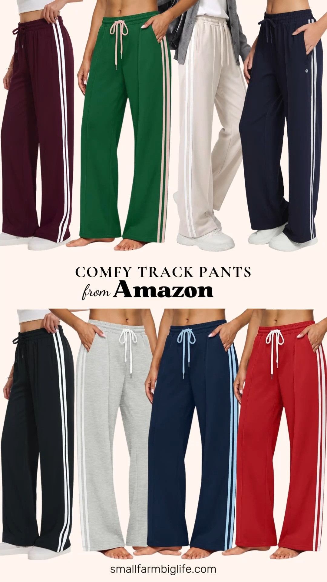 Comfy track pants are such an easy pick for fall, and this Amazon lineup has so many colors and fits to choose from.

The burgundy and black Tapata Track Pants come in a range of inseams, making them an easy option no matter your height, and the navy baleaf Track Pants have a soft, quick dry fabric perfect for running or lounging around the house. The green with pink stripes, light grey, navy blue with light blue stripes, and red Wide Leg Striped Track Pants are all baggy, mid rise options with drawstring zipper pockets, perfect for a relaxed athletic look.

The beige Cotton Track Pants round things out with a soft, wide leg fit that works just as well for lounging as it does running errands.

So many cozy track pants to shop for fall, all linked for you.

#amazonfashion #trackpants #fallfashion #falloutfits #comfycasual 

 #LTKootd #LTKActive #LTKOver40