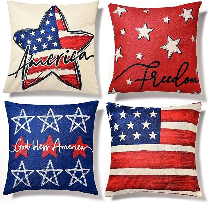 Hongsome Patriotic Decor-Throw Pillow Covers 18x18 in Set of 4,4th of July Linen Pillow Case for ... | Amazon (US)