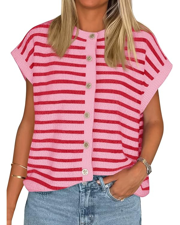 Cicy Bell Womens Striped Cap Sleeve Sweater Vest Crew Neck Button Down Cardigan Cute Knit Tops | Amazon (US)