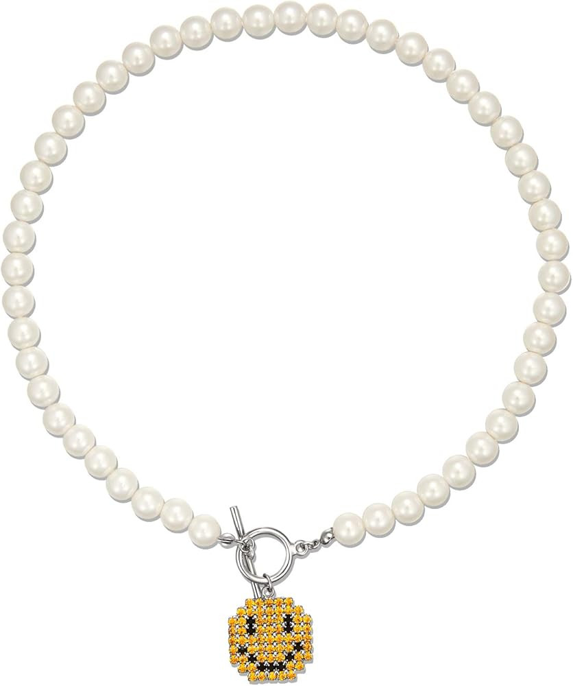 Pearl Pendant Necklace for Women,Y2k Fashion Pearls Strand for Egirl Eboy,Dainty Cute Smiley Togg... | Amazon (US)