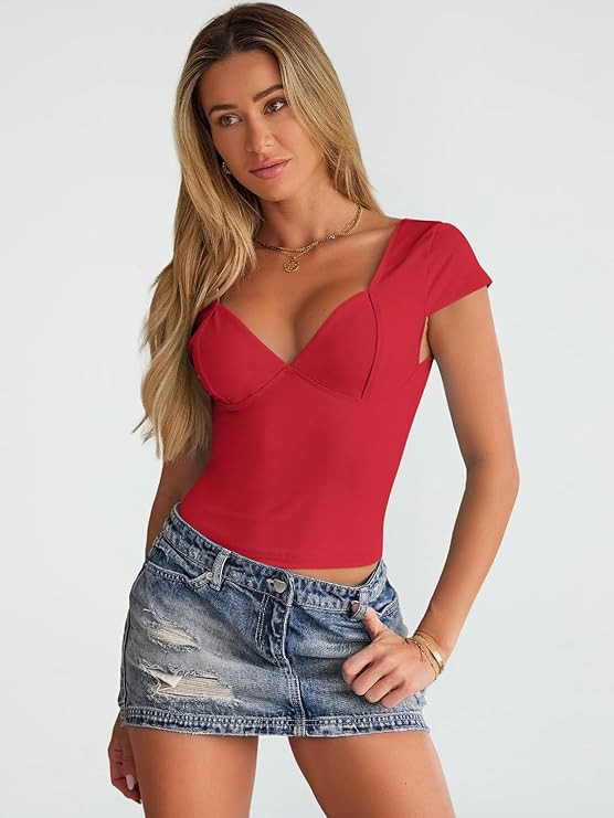 Trendy Queen Womens Summer V-Neck Backless Cute Tops Going Out Sexy Slim T-Shirts Y2K Clothes Cor... | Amazon (US)