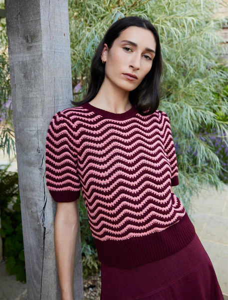 June Cotton Short Sleeve Jumper - Burgundy Rose Stripe | Cefinn