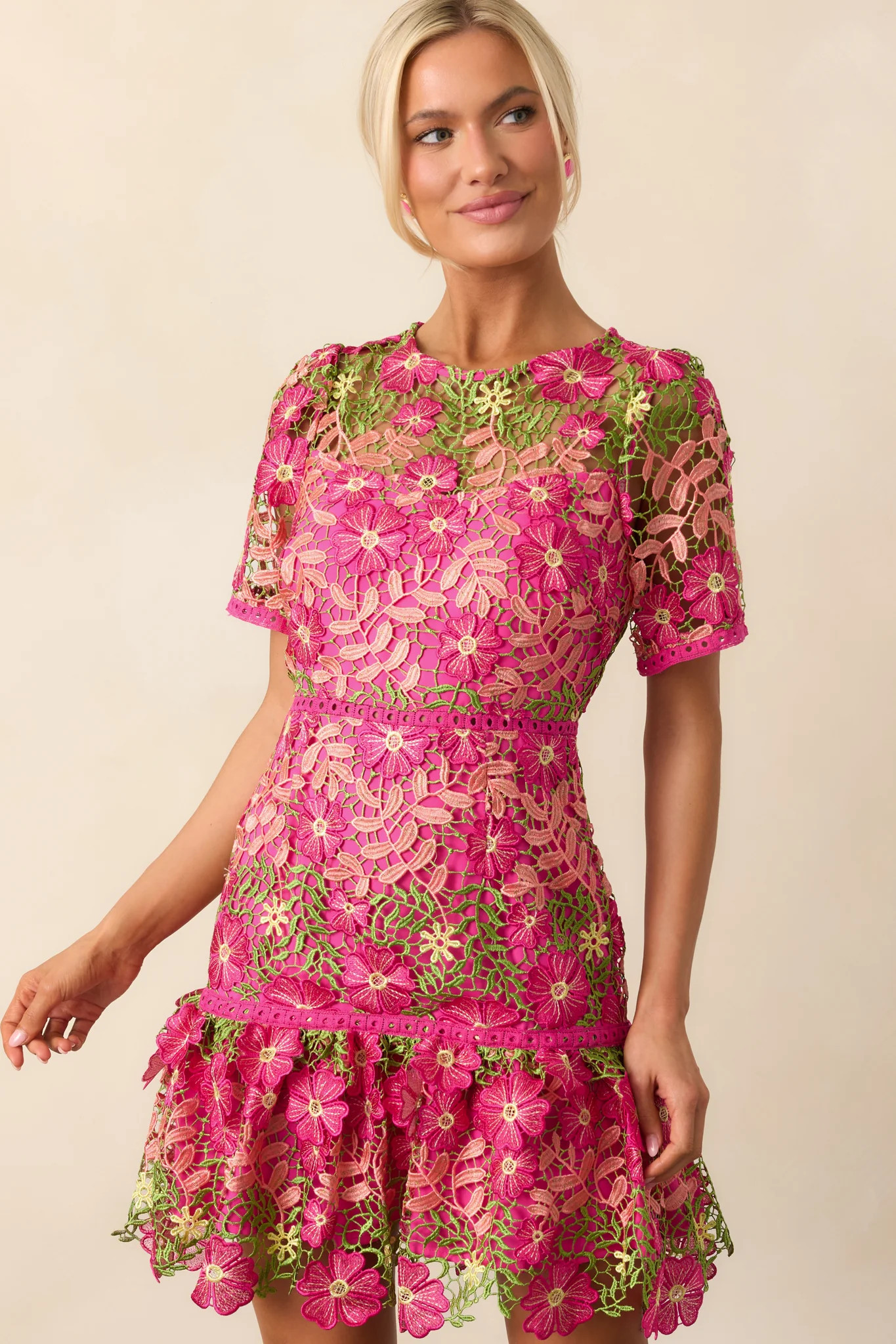 A Work Of Art Magenta Pink Floral Embroidered Mini Dress | Red Dress
