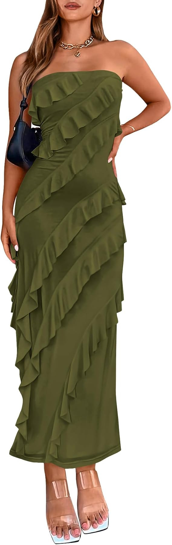 BTFBM Women Summer Elegant Strapless Midi Ruched Bodycon Dress Solid Color Stretch Mesh Slim Part... | Amazon (US)