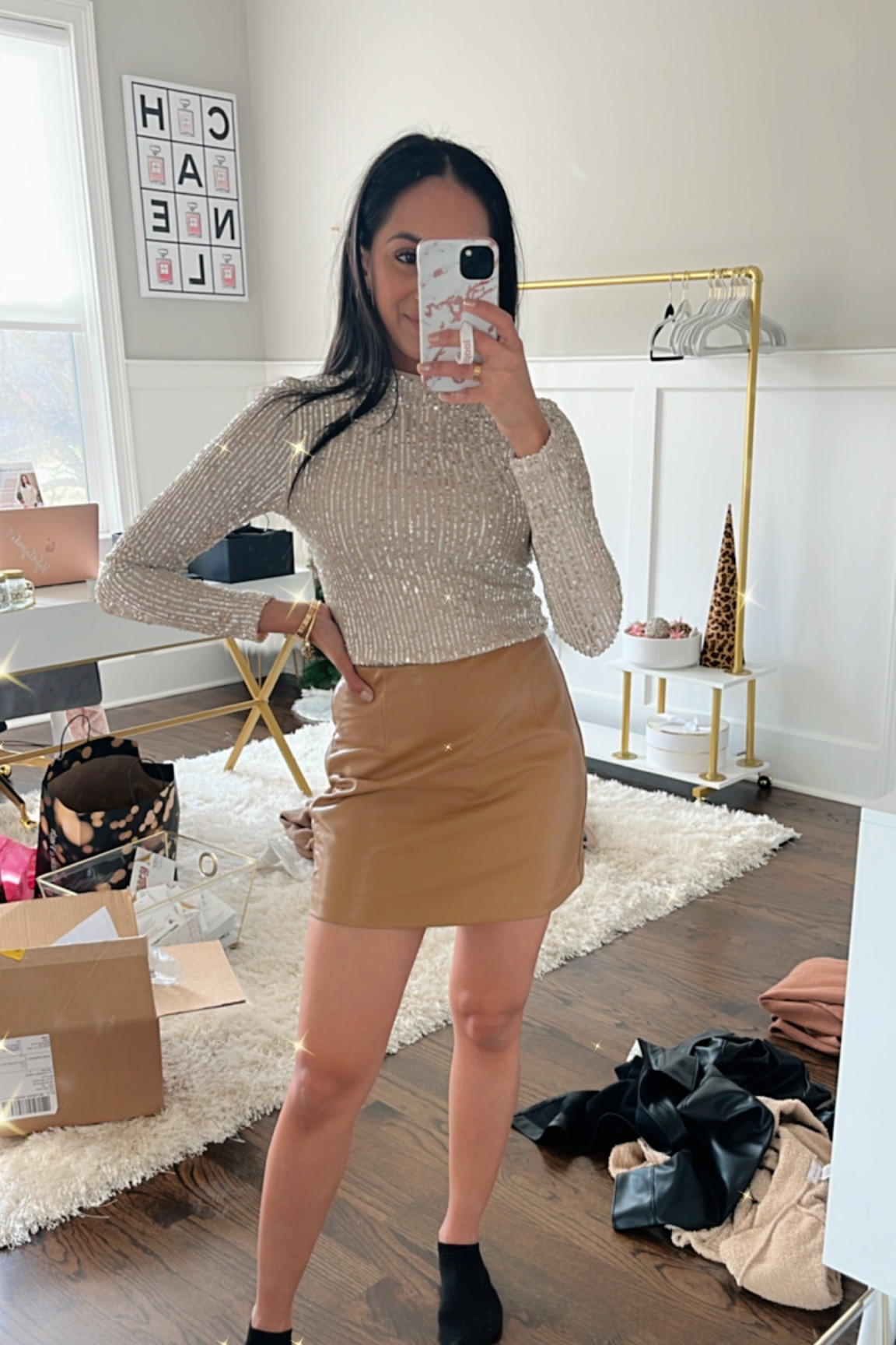 Sparkly top not online yet
Faux leather skirt 

#LTKstyletip #LTKsalealert #LTKunder50