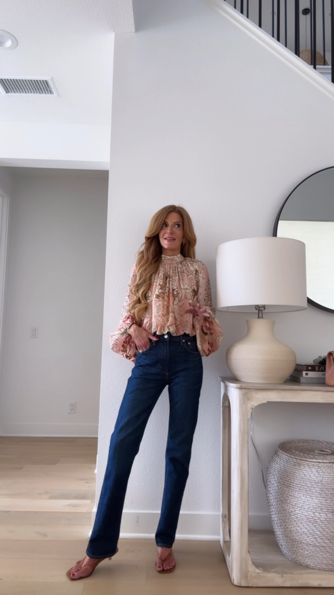 spring floral top! Love the high neck boho vibes. Dark wash straight simple jeans- comfy and chic! 
Xs in the top, jeans run true 

#LTKOver40 #LTKootd #LTKValentine