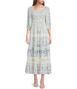 Border Printed Square Neck 3/4 Sleeve Smocked Bodice Print Crochet Trim Midi Dress | Dillard's