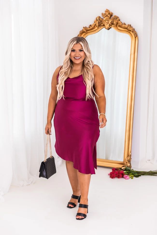 Look Back On Tonight Wine Cowl Neck Satin Midi Dress | The Pink Lily Boutique
