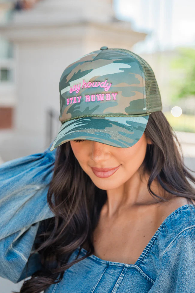 Say Howdy Stay Rowdy Camo Trucker Hat | Pink Lily