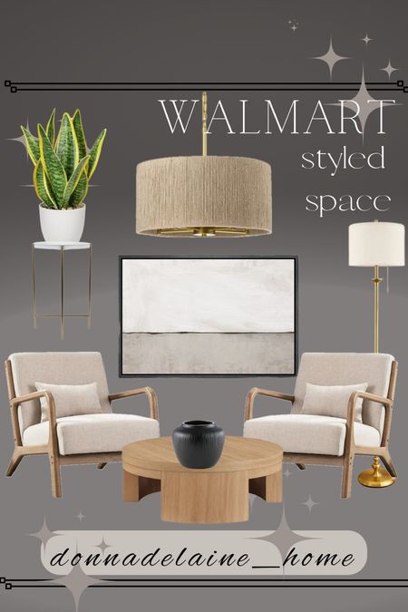 Affordable finds at Walmart! Set of two accent chairs only $279! Coffee table is $248. Love the drum chandelier, such gorgeous texture . 
Modern casual, neutral living room inspiration 