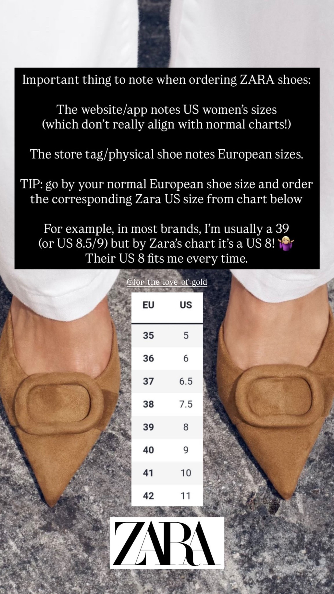 Zara size guide! Go by your normal European size and choose the US equivalent according to Zara. 
I’m normally a EU 39 (normally US 8.5/9) but based on Zara’s chart I’m an 8. And it fits every time. 

Fall shoes
Suede
Loafers 
Slingbacks
Ballet Flats
Mary Jane 
Leather brown black

#LTKStyleTip #LTKShoeCrush #LTKFindsUnder100