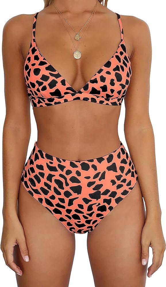 BTFBM Women Casual Leopard Printed Triangle High Waisted Two Piece Bikini Sets | Amazon (US)