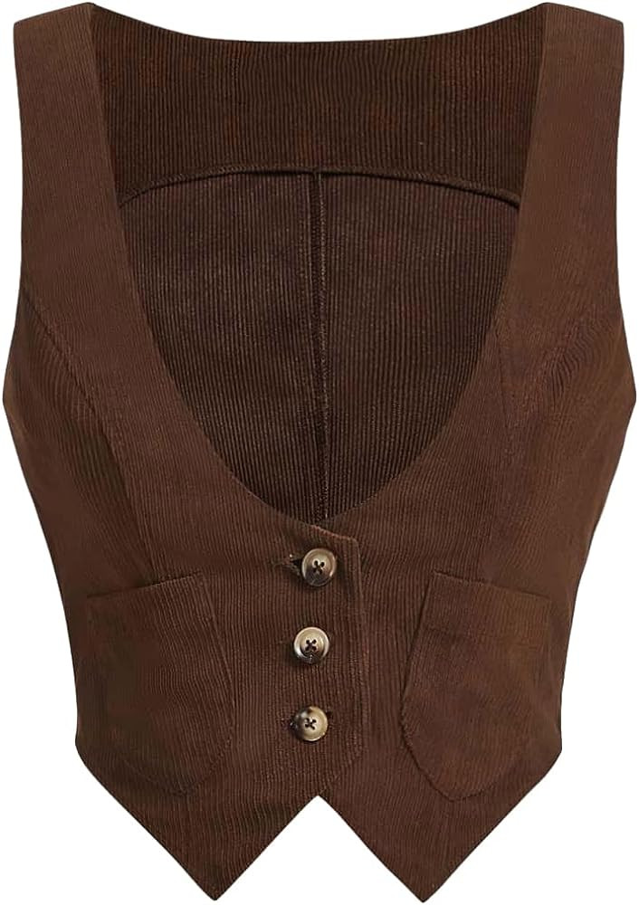 Verdusa Women's Button Front Scoop Neck Sleeveless Patch Pocket Crop Vest Blazer Jacket | Amazon (US)