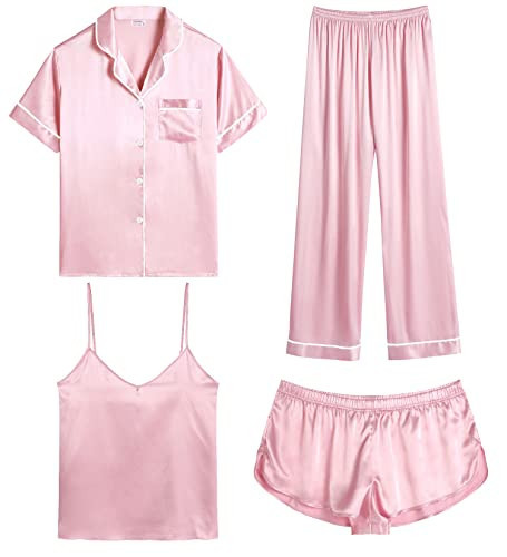 SWOMOG Womens Silk Satin Pajamas Sets 4pcs Sleepwear Sexy Cami Shorts Set and Button Down Short Sleeve Pjs Loungewear Pink White Piping Large | Amazon (US)