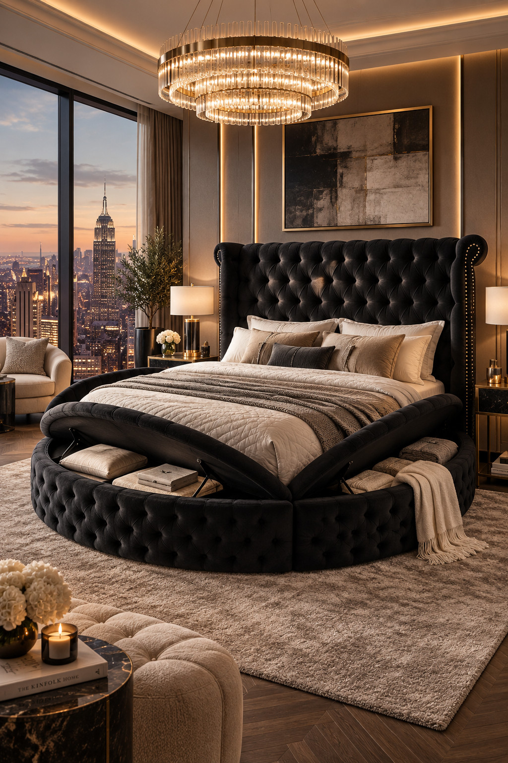 This might be one of the most unique beds out of the bunch. The rounded frame feels super luxe and unexpected, and the tufted black upholstery makes it look really dramatic without needing much else in the room. I also love that there’s hidden storage built in because anything that looks this good and gives you extra storage is a win. Perfect for a glam primary bedroom or a really bold modern space. #WayfairFinds #RoundBed #StorageBed #BlackVelvet #LuxuryBedroom #BedroomInspo #GlamHome 

 #LTKSeasonal #LTKHome #LTKSaleAlert