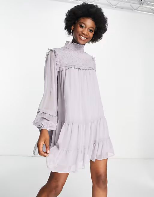 Miss Selfridge chiffon frill bib smock mini dress in lilac | ASOS (Global)