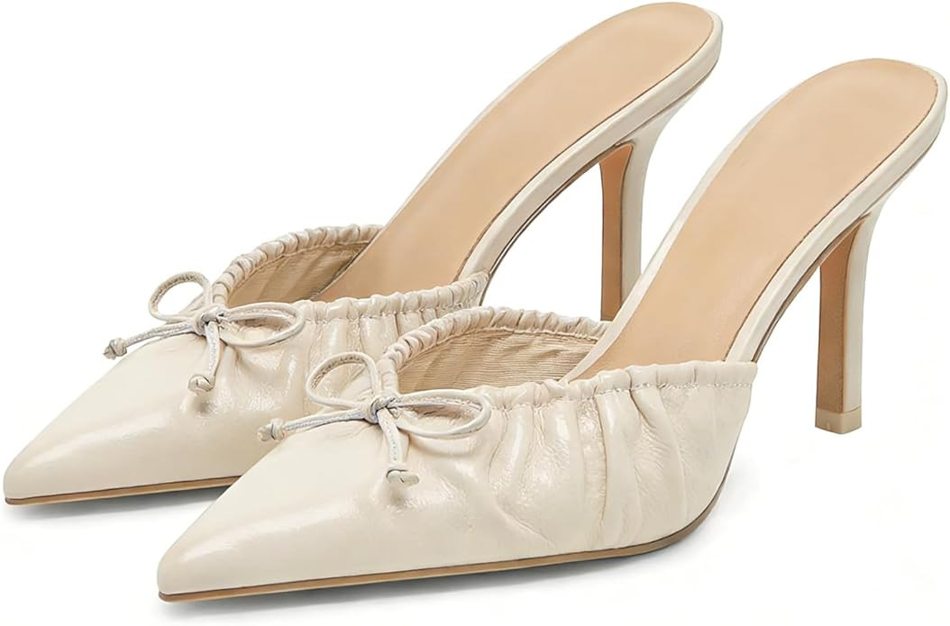Kitten Heels for Women Bow Pointed Toe Heel Dressy Slip on Mules Trendy Sexy Stiletto Pumps Shoes | Amazon (US)