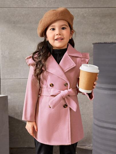 Toddler Girls Ruffle Trim Double Breasted Belted Coat | SHEIN