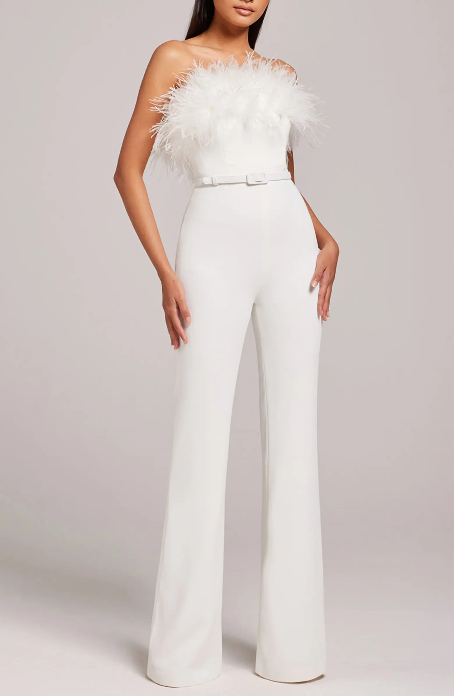 NADINE MERABI Colette Ostrich Feather Trim Belted Strapless Jumpsuit | Nordstrom | Nordstrom