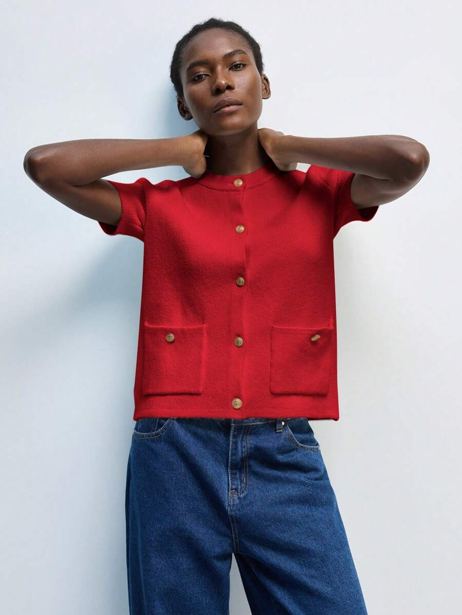 Maija Elegant Red Knit Cardigan For Women In 2025 Autumn, Suitable For Leisure, Romantic Urban Va... | SHEIN