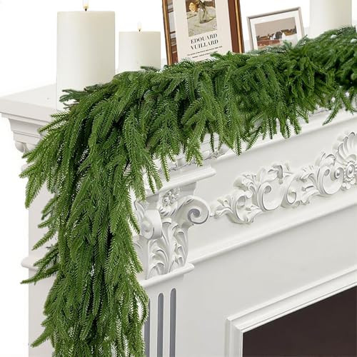 9FT Artificial Norfolk Pine Garlands for Christmas Decorations,Real Touch Winter Faux Greenery Garlands for Mantel Table Stair Fireplace Wall Holiday Indoor Outdoor Decor(1 Pack) | Amazon (US)