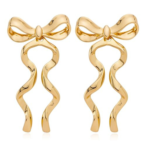 CUFELMU Gold Bow Dangle Earrings for Women Long Ribbon Earrings Bowknot Drop Dangle Earrings Trendy Jewelry | Amazon (US)