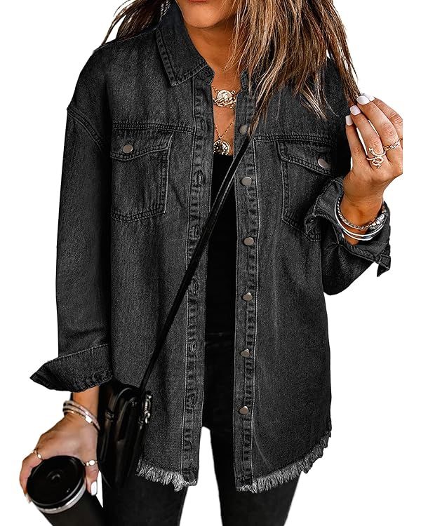 Dokotoo Women's Oversized Denim Jacket Casual Long Boyfriend Distresse Jean Jacket Autumn Spring | Amazon (US)