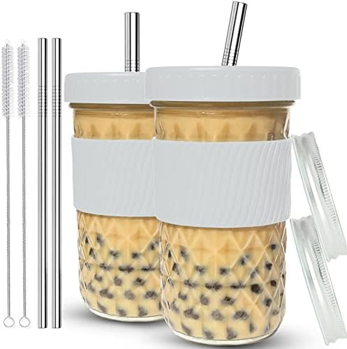 Reusable Smoothie Cups Boba Tea Cups with Lid and Straw,Bubble Tea Cup Glass Tumbler Travel Mug, Wid | Amazon (US)