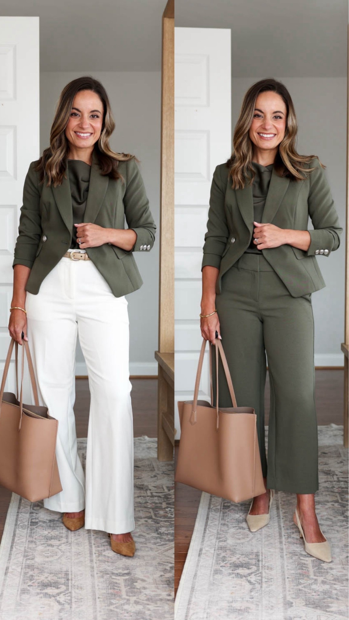 Did a little mix and match with my recent workwear posts. Here is a look at how I swapped tops and bottoms in the outfits to create new ones! 

Blazer (WHBM): petite 00 
Satin top (WHBM): xxs - runs large 
White pants (Ann Taylor): petite 00 - 28.5” inseam 
Green pants (WHBM): petite 00 - 23” inseam 

Workwear/ business casual