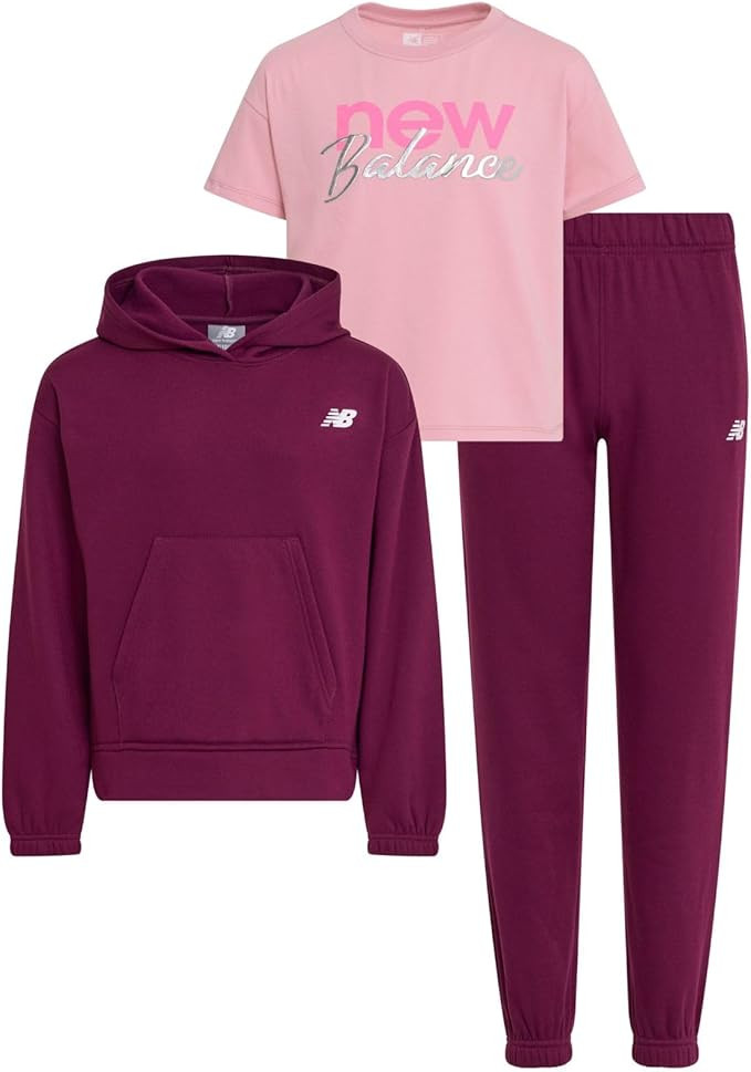New Balance Girls 3pc Sweatsuit - Cotton Blend Fleece Activewear Set - Pullover Crewneck Hoodie, ... | Amazon (US)