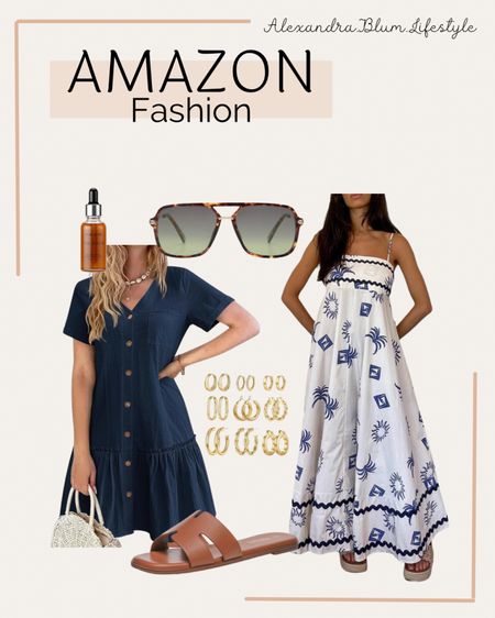 Cute Macy blue mini t shirt dress, blue and white print maxi dress, brown sandals! Summer outfit! Vacation outfit! Date night outfit! Honeymoon dress! 

#LTKStyleTip #LTKFindsUnder50 #LTKMidsize