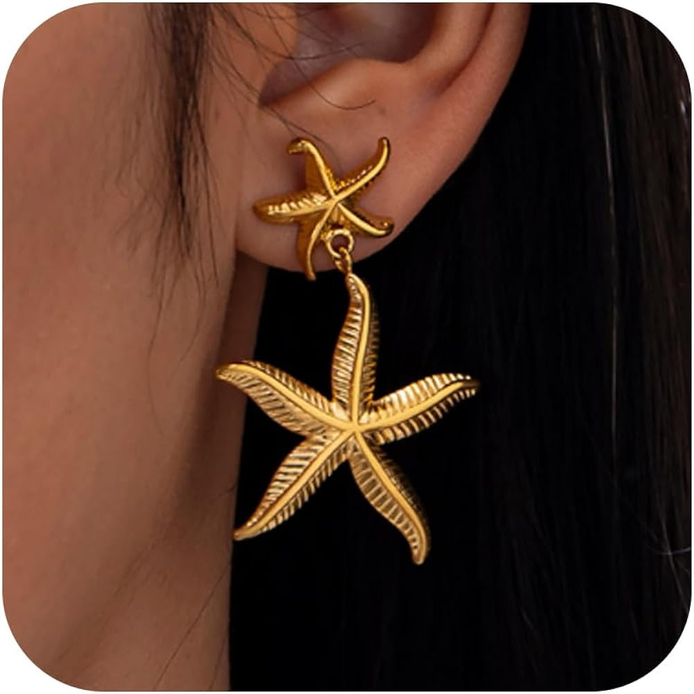 Starfish Earrings for Women Gold Sea Shell Earrings Summer Beach Vacation Outfits for Women Trend... | Amazon (US)