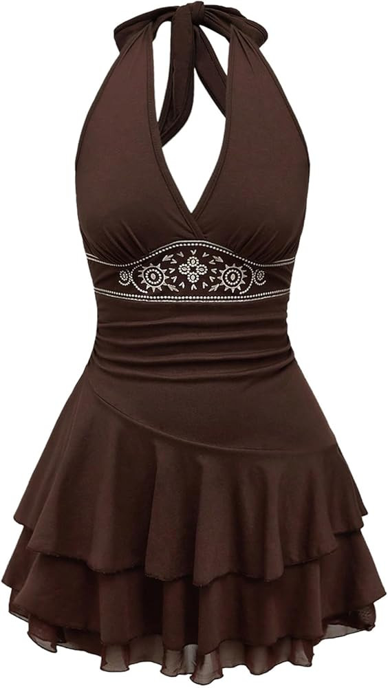 Verdusa Women's V Neck Hippie Halter Tiered Dress Ruched Mini Ruffle Y2K Dress Western Outfits XS... | Amazon (US)