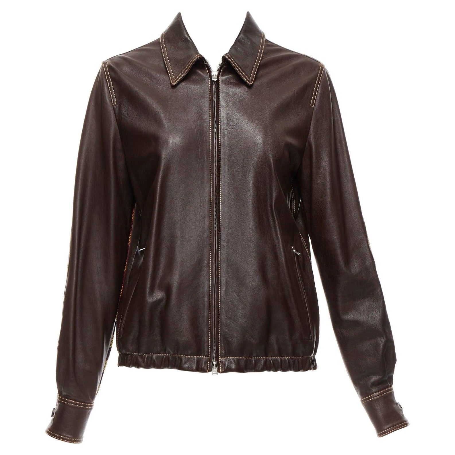 MARNI brown lambskin leather overstitching plaid lined zip jacket IT42 M | 1stDibs