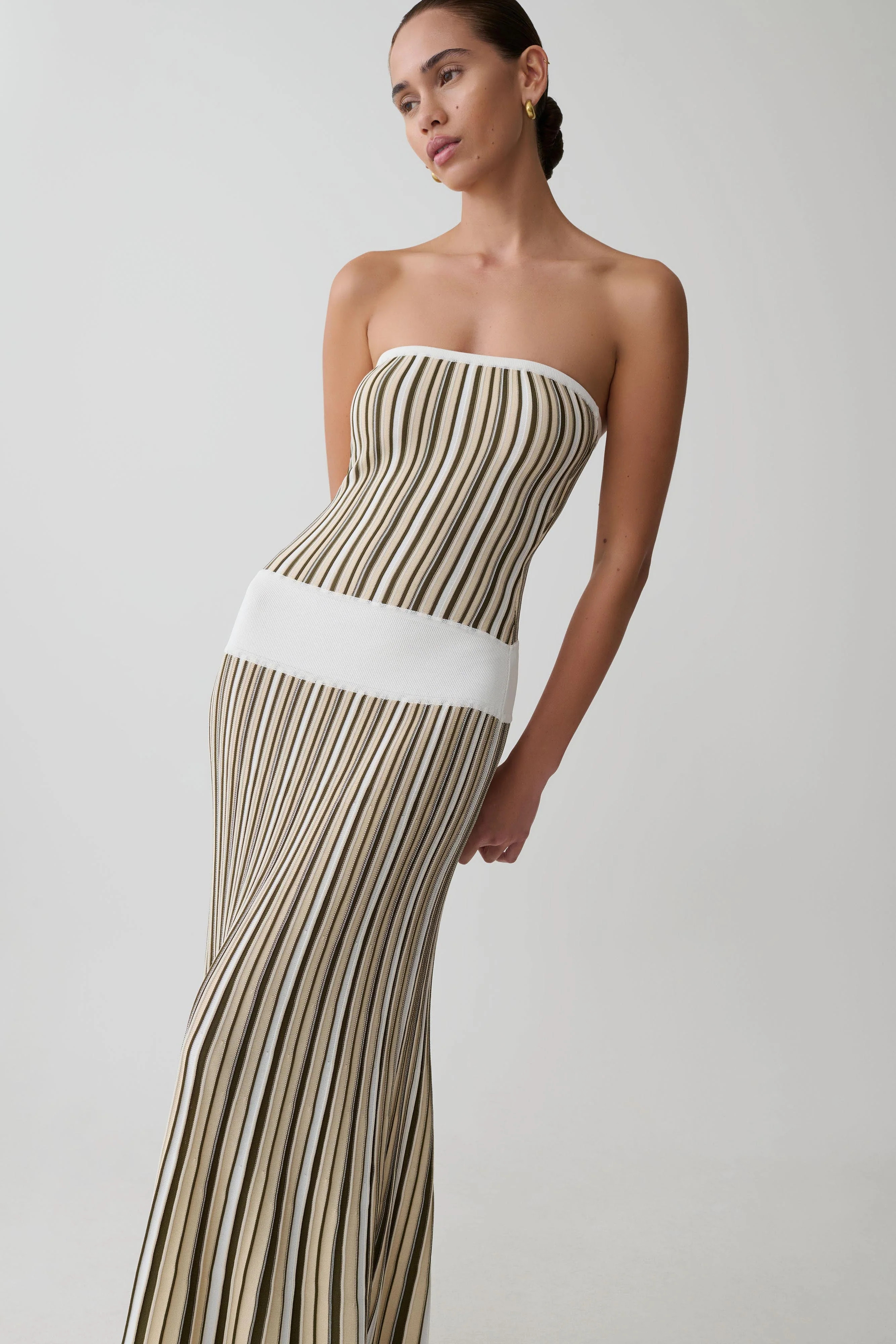 Stripe Maxi Knit Dress - Khaki/Ivory | MESHKI US