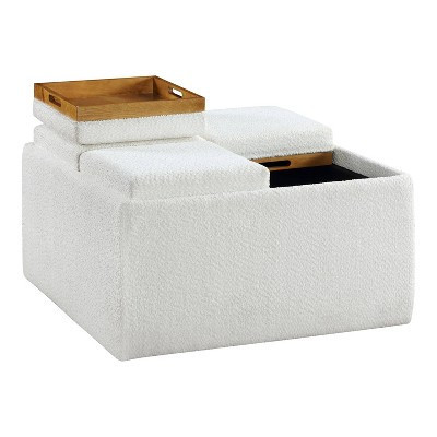 HOMES: Inside + Out 32" Leafwarden Square Boucle Upholstered Mobile Storage Ottoman with Removable Trays White/Light Oak | Target