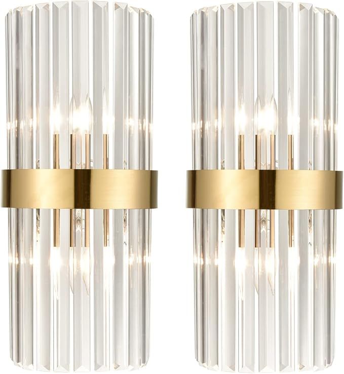 Clear Glass Wall Sconces Set of Two Titanium Gold Wall Light Fixtures Modern Crystal Sconces Wall... | Amazon (US)